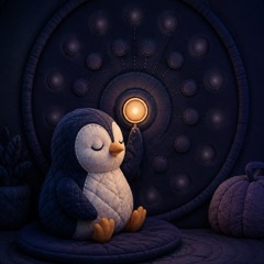 A quilted penguin touching one warm glowing light